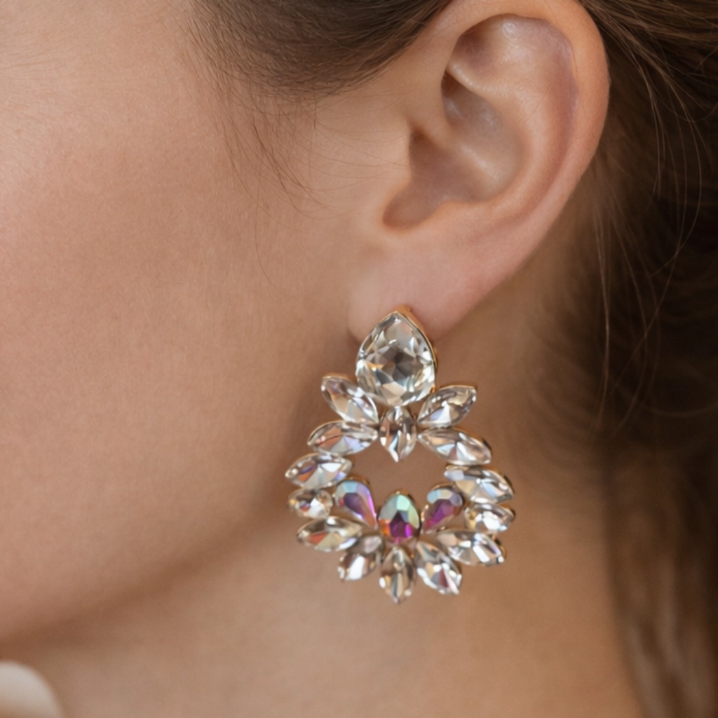 Crystal Statement Drop Earrings Gold Tone Ab Rhinestone Teardrop Bridal Glam 11$